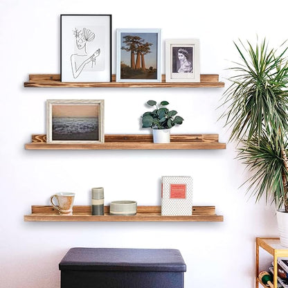 AZSKY Picture Ledge Shelf Floating Shelves for Photo Frames Kids Book Shelves Wall Mounted Burnt Display Shelf Wooden Frame Ledge 48 Inches Set of 3 Bathroom Organizer Shelves