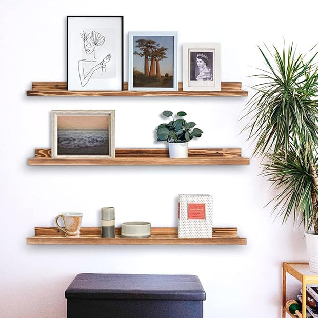 AZSKY Picture Ledge Shelf Floating Shelves for Photo Frames Kids Book Shelves Wall Mounted Burnt Display Shelf Wooden Frame Ledge 48 Inches Set of 3 Bathroom Organizer Shelves
