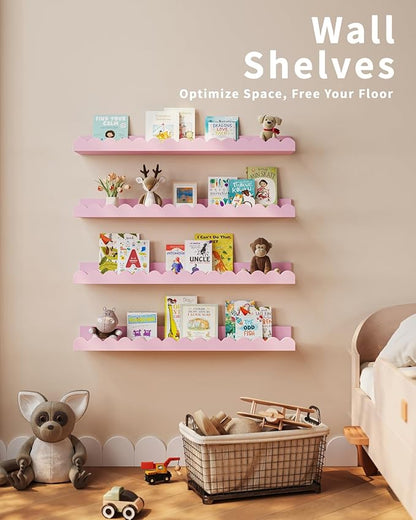 Shario Nursery Book Shelves, 4-Pack White Floating Shelves for Wall Kids, Scalloped Shelves, Wall Book Shelves for Bedroom Kids, Toddler Room, Baby Room, Nursery Decor(Pink, 23 Inches)