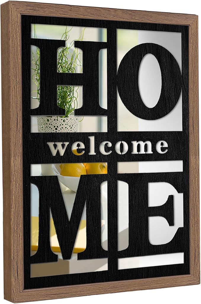 Welcome Home Signs Wall Decor, Wooden Rustic Farmhouse Square Wall Mirror，Accent Mirror for Living Room, Bedroom, Entryway 18”x12”