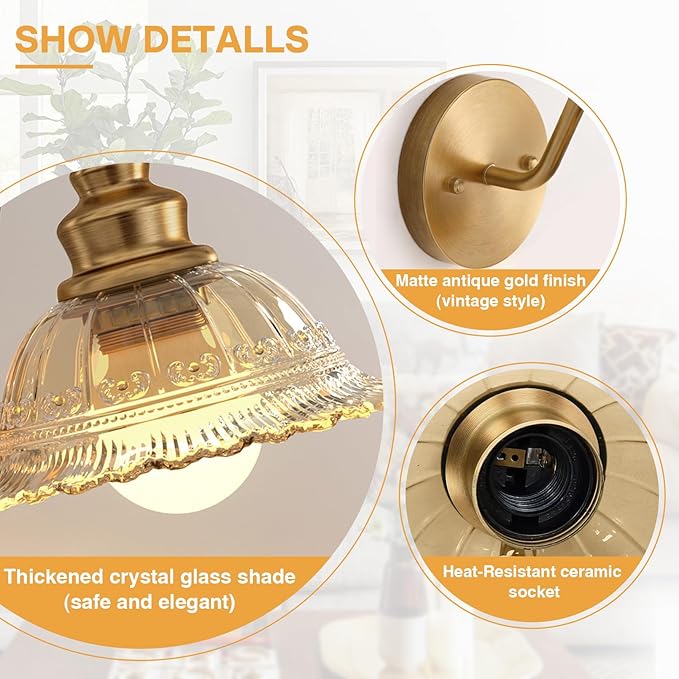 Redluck Battery Operated Wall Sconce with Remote Control, Vintage Amber Glass Wireless Wall sconces Set of Two, Rechargeable Battery Powered Wall Lamp for Bedside Bedroom Living Room Hallway Decor
