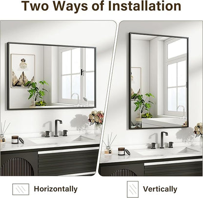 HARRITPURE 28"x20" Bathroom Mirror for Wall, Black Framed Rectangle Mirror Aluminum Alloy Frame Wall-Mounted Horizontally/Vertically for Entryway/Bedroom/Vanity
