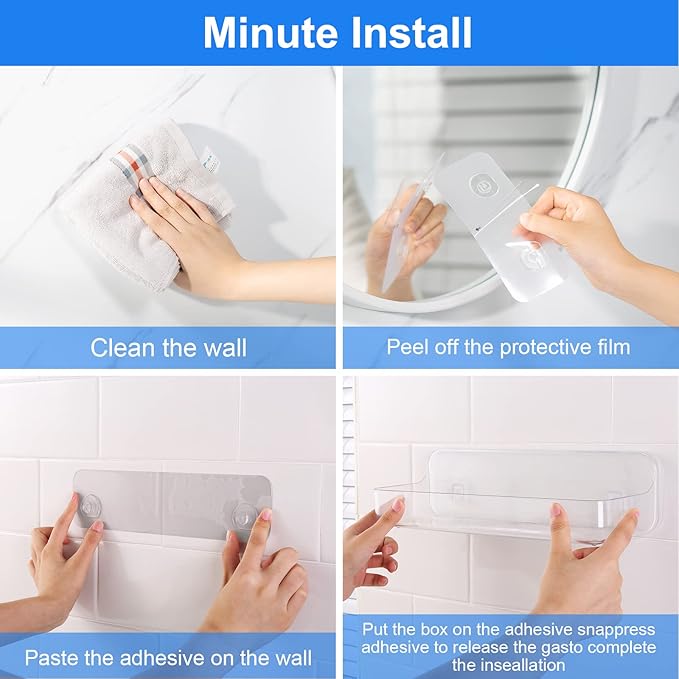 Diesisa Acrylic Wall Mounted Shower Caddy, Clear, Large Size 4D x 12.8