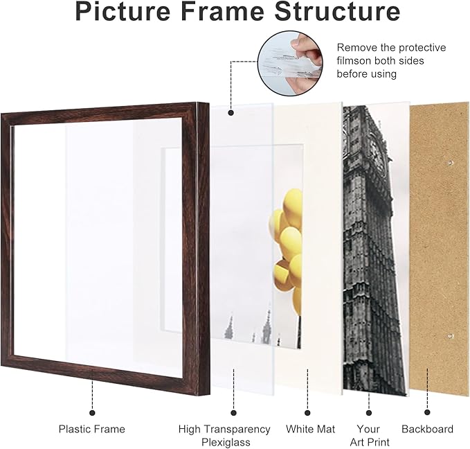 10x10 Picture Frame Set of 9, Display Pictures 8x8 with Mat or 10x10 without Mat, Multi Collage Gallery Square Photo Frames for Wall or Tabletop, Brown