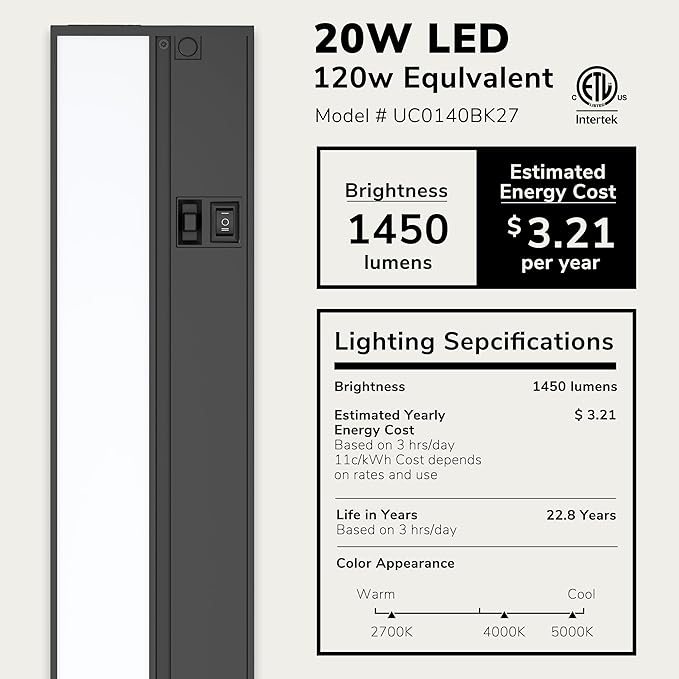 LAGOM Halo Under Cabinet Light, 40‑Inch Hardwired Dimmable LED, 2700K/4000K/5000K, Power Cord Sold Separately, Black, UC0140BK27
