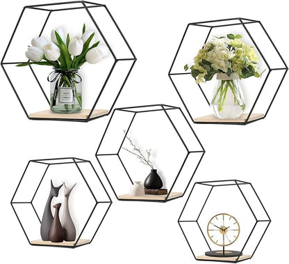Wall Mounted Hexagonal Floating Shelves Black Set of 5 in Different Sizes, Modern Metal Shelf, Simple Wood Partition Storage Shelves, Decor Rack for Bedroom, Living Room, Kitchen and Office