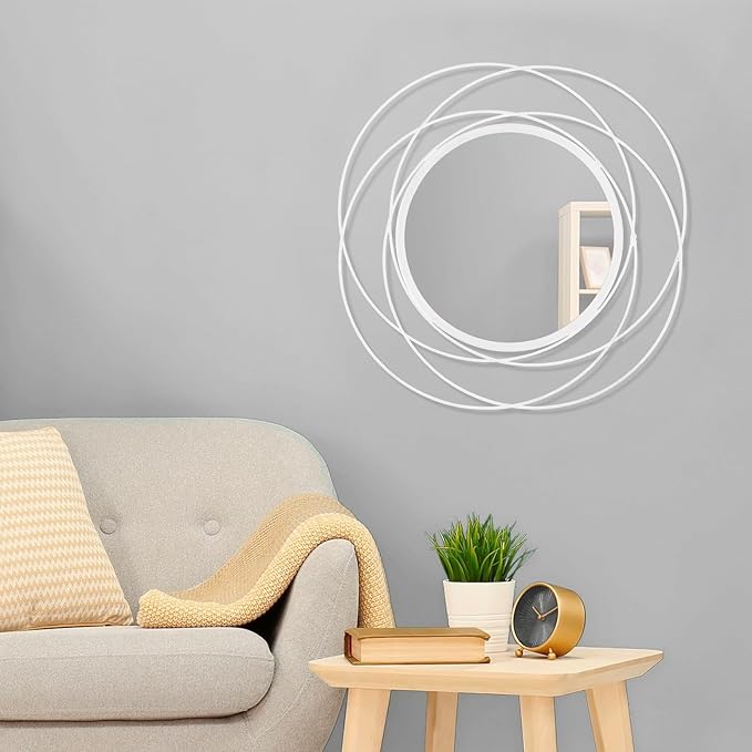 White Art Circle Mirror for Wall with Iron Metal Wire Frame Wall-Mounted Mirror for Home Decor Living Room Bedroom Bathroom Entryway Small 20” x 20”