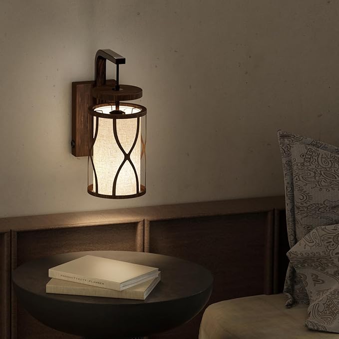 N10-1 Farmhouse Wall Sconces Dimmable Hanging Plug in Wall Lamp Linen Lampshade Metal Base Rustic Hardwired Wall Lighting Sconce Lights for Bedroom Bedside Living Room (Bulb Included)