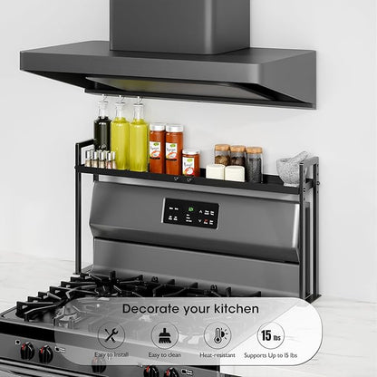 Bumusty Adjustable Stove Top Shelf,Over Shelf for Stove – Expandable 4-Level Spice Rack & Kitchen Organizer, Anti-Slip Metal Construction, 27"–33" Length, 11"–14" Height, Black