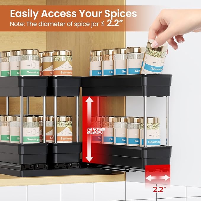 Pull Out Spice Rack Organizer for Cabinet, Slide Out Spice Racks Organizer, Easy to Install Spice Cabinet Organizers, 2.3''Wx10.66''Dx8.11''H, 3 Packs - 2 Tiers (Black)