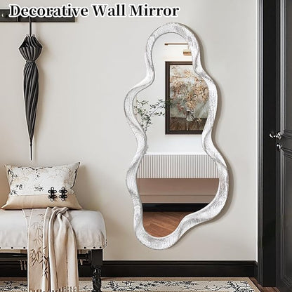 Large Asymmetrical Wall Mirror Irregular Wood Frame Modern Unique Wall-Mounted Artistic Wavy Mirror Decor Bathroom Vanity Bedroom Living Room Entryway Hallway 120x55cm Natural