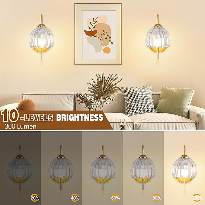 Vintage Battery Wall Sconce with Flower lampshade,Rechargeable Battery Powered Wall Lights,Wall lamp with 15 Colors for Bedroom Living Room Home Decor (Clear Tulip, 2 Light Battery Operated)