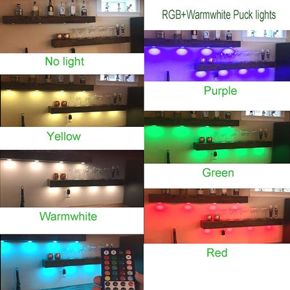 AIBOO Color Changing Christmas Xmas Decor Under Cabinet LED Lighting Kit IR Control Multi Color Puck Lights for Kitchen Shelf Counter Lighting 6 Lights, 18W RGBWW RGB+Warmwhite