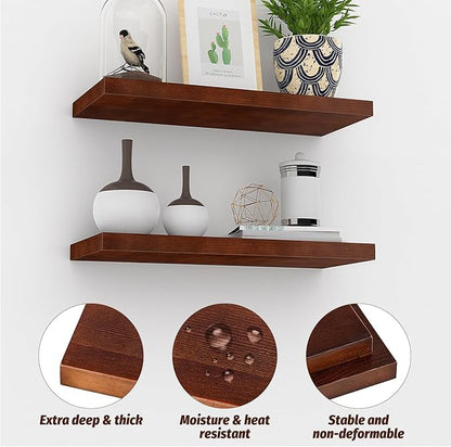 Floating Shelves (Set of 2) – Wall Mounted Shelves for Home Décor and Storage, Natural Pine Wood, Suitable for Living Room and Bedroom (Brown, 15.7" x 5.7" x 1.0")