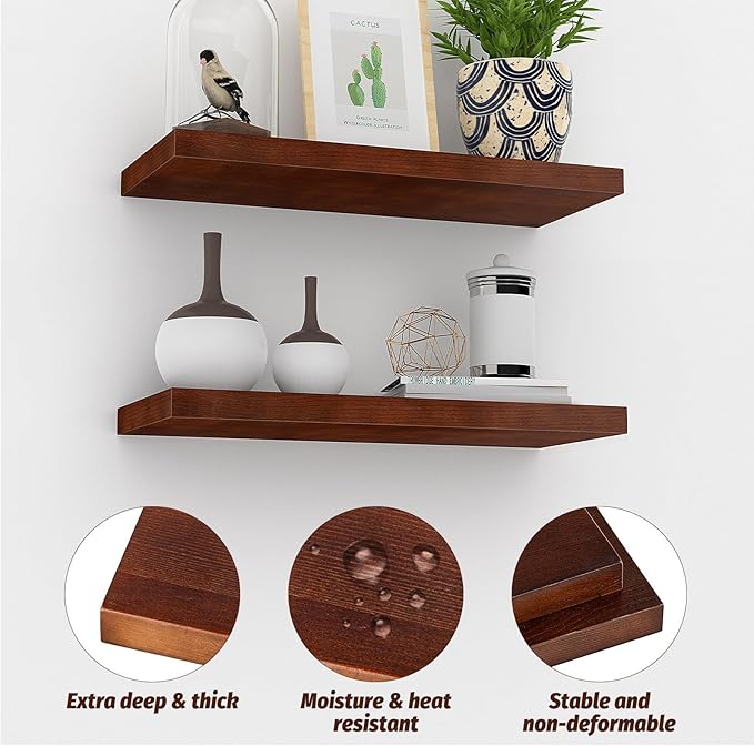 Floating Shelves (Set of 2) – Wall Mounted Shelves for Home Décor and Storage, Natural Pine Wood, Suitable for Living Room and Bedroom (Brown, 15.7