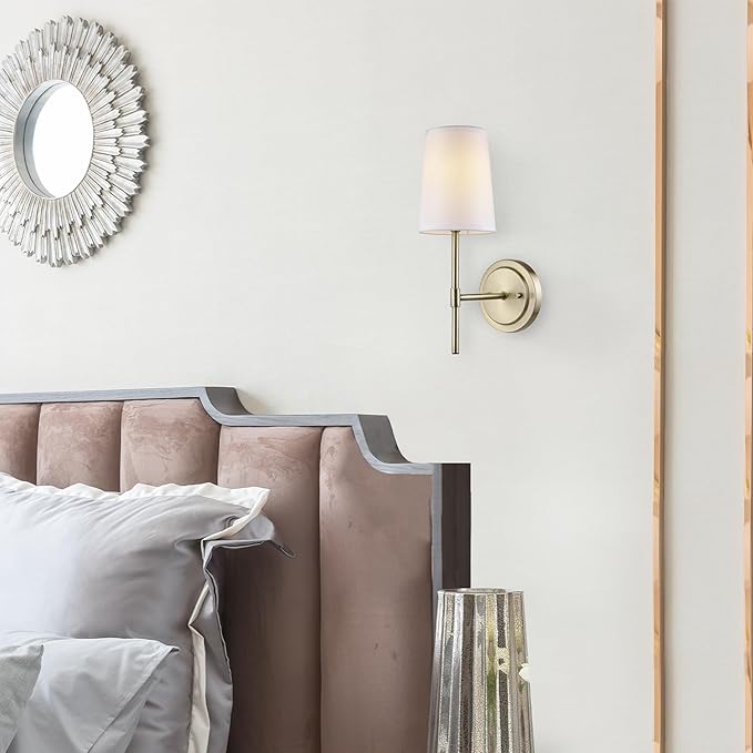 Globe Electric 51861 Clarissa 1-Light Wall Sconce, Matte Brass, White Fabric Shade, Bulb Not Included