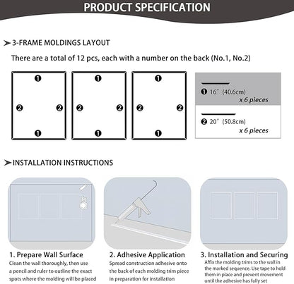 3-Frame 16" x 20" Premade Accent Wall Molding Kit, Ready-to-Assemble Wainscoting Panels, Pre-Cut Chair Rail Moulding Trim Picture Frame for Home Décor