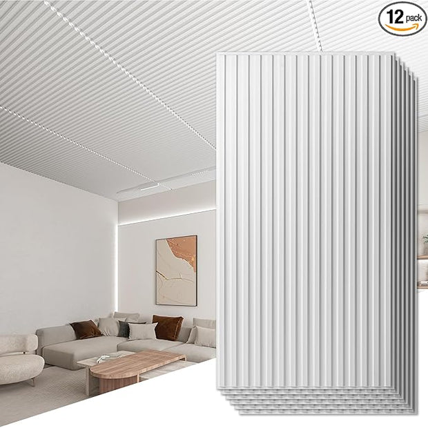 Art3d 12-Pack Slat Design 3D Wall Panels for Interior Wall Decor, 2x4 FT PVC Decorative Drop Ceiling Tiles - White