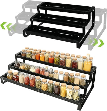 3-Tier Spice Rack Organizer for Cabinet, Expandable Kitchen Organizer 14.4 to 26.1 Inch Seasoning & Pantry Organizer for Countertop, Metal Non-Skid Step Storage Shelf for Condiments, Oils, Cans, Jars