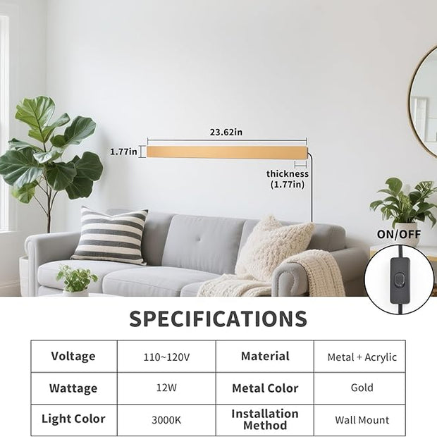 Modern Plug in Wall Sconces, 23.6 inch Frosted Gold LED Long Wall Lights, 12W Warm White 3000K Acrylic Indoor Wall lamp,with 59" Plug Cable for Bedroom, Living Room, Bathroom Makeup, Hallway
