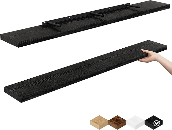 Fun Memories Floating Shelves for Wall, 48 Inch Floating Shelves for Home Decor, Wall Mounted Rustic Wood Shelves, Bathroom, Hanging Deep Shelf for Bedroom, Living Room, Kitchen (Black, Set of 2)
