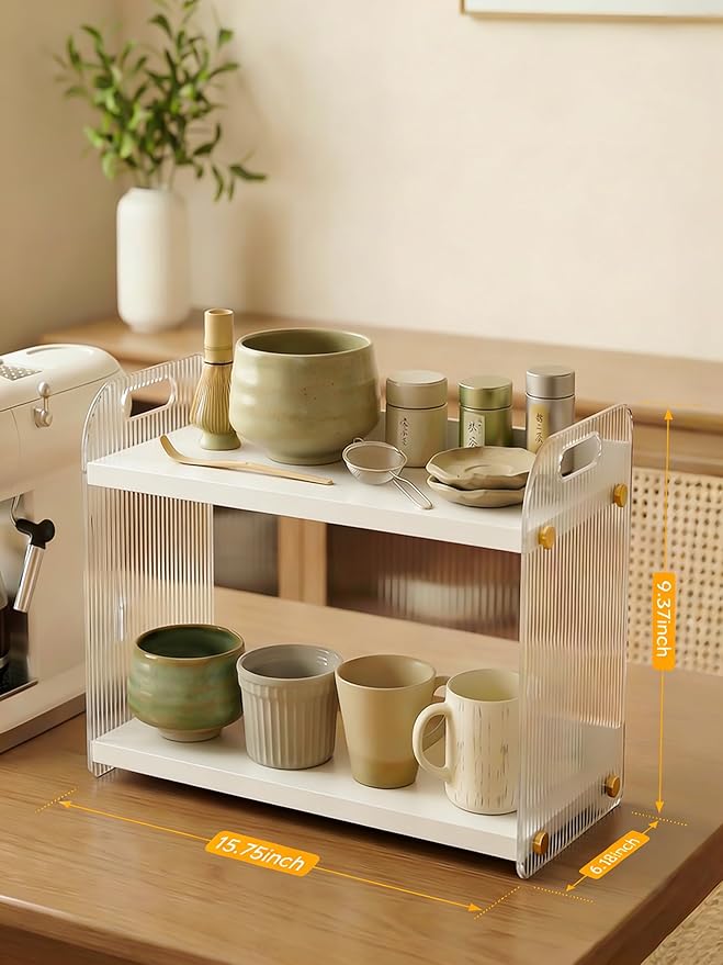 2 Tier Coffee Station Organizer - Acrylic & Pine Wood coffee bar shelf, Easy-to-Clean matcha station for Kitchen Countertops, for Placing Mugs, Coffee Beans, Syrup etc.(15.75