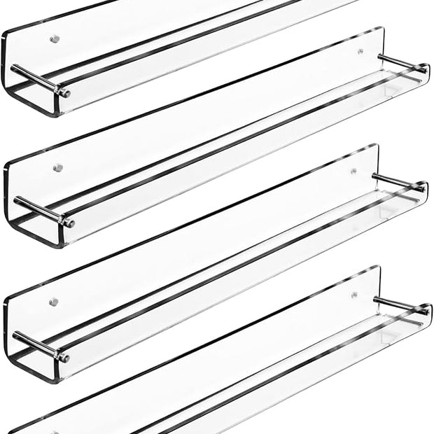 AMT 4 Pack Acrylic Floating Shelves, 15" L x 1.6" W, Clear Bathroom Wall Shelf, Bookshelves, Invisible Display for Office, Bedroom, Small Gap Allows Water to Escape, Free Screws & Drill Bit (Small)