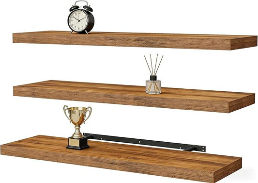 Vervida® Floating Shelves for Wall 35.4" Extra Long - Wall Shelf Bathroom Kitchen Living Room Bedroom Farmhouse Home Decor Display Bookshelf Large 35.4 x 9.3 inch Set of 3, Rustic Brown
