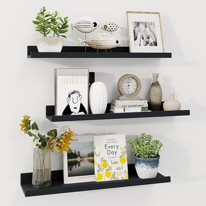 Axeman Picture Ledge Shelf | 24 Inch Black Floating Shelves Set of 3 | Rustic Wood Wall Shelves with Lip | 24" Black Picture Shelf for Wall with Ledge | Photo Shelves