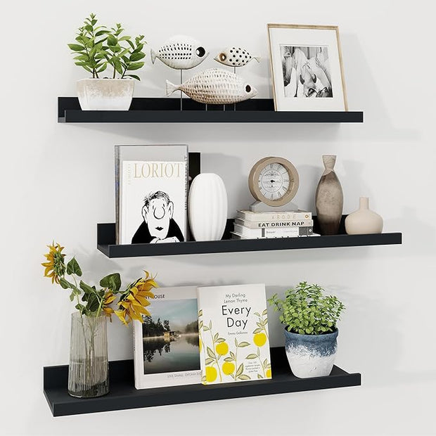 Axeman Picture Ledge Shelf | 24 Inch Black Floating Shelves Set of 3 | Rustic Wood Wall Shelves with Lip | 24" Black Picture Shelf for Wall with Ledge | Photo Shelves