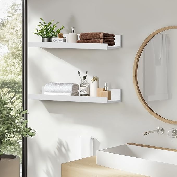 Muzilife 24" Small Floating Wall Ledge Shelves with Lip - Set of 2 Wood Floating Shelves - White Wall Mounted Picture Ledge for Office, Bathroom, Bedroom, Living Room, Kitchen