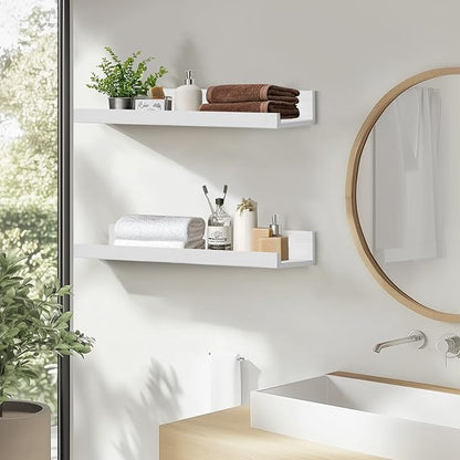 Muzilife 24" Small Floating Wall Ledge Shelves with Lip - Set of 2 Wood Floating Shelves - White Wall Mounted Picture Ledge for Office, Bathroom, Bedroom, Living Room, Kitchen
