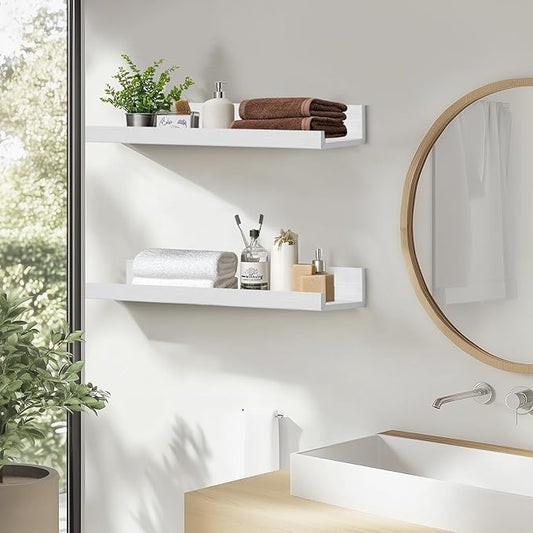 Muzilife 24" Small Floating Wall Ledge Shelves with Lip - Set of 2 Wood Floating Shelves - White Wall Mounted Picture Ledge for Office, Bathroom, Bedroom, Living Room, Kitchen