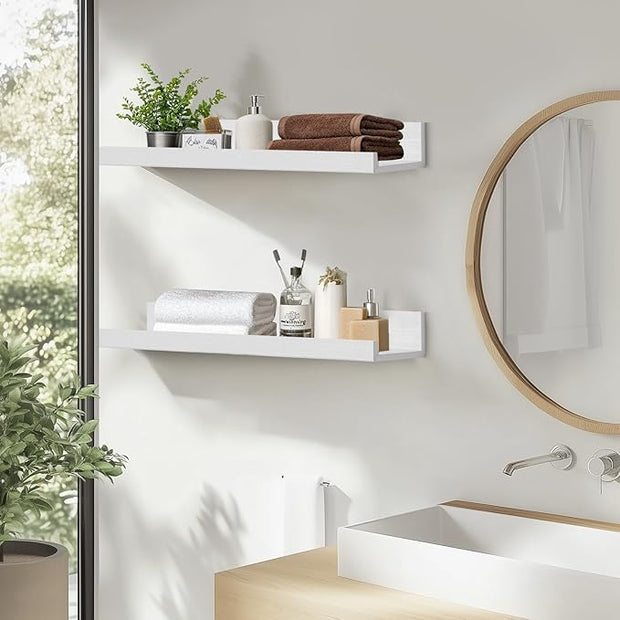 Muzilife 24" Small Floating Wall Ledge Shelves with Lip - Set of 2 Wood Floating Shelves - White Wall Mounted Picture Ledge for Office, Bathroom, Bedroom, Living Room, Kitchen