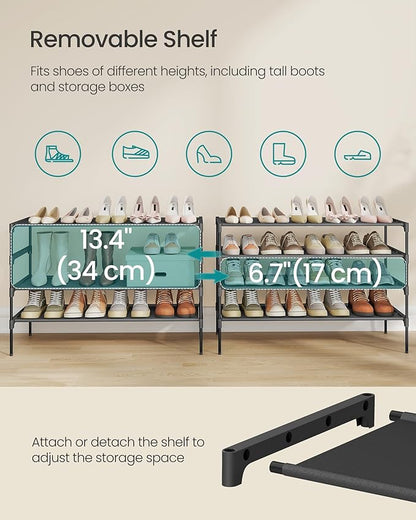 SONGMICS Shoe Rack, 4-Tier Shoe Storage Organizer, Space-Saving, 11.7 x 36.1 x 27.7 Inches, Entryway, Metal Frame, Non-Woven Fabric Shelves, Ink Black ULSH034BH01