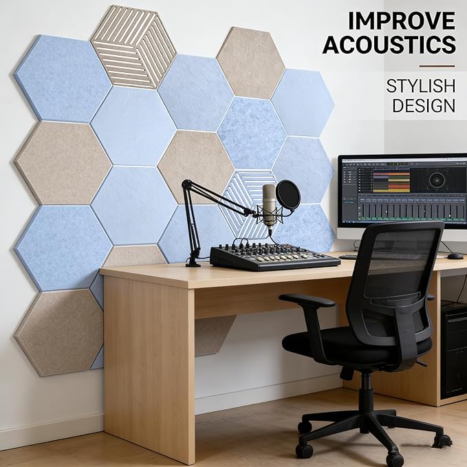 12" Hexagon Acoustic Panels Self-Adhesive (10 Pack) | Decorative Sound Dampening Wall Tiles with 3D Hollow Patterns | High-Density Polyester Soundproofing Padding for Home Office & Studio