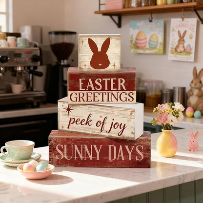 Easter Decorations - Easter Greetings Bunny Tiered Tray Decor - Wooden Easter Bunny Tabletop Sign - Rustic Farmhouse Spring Home Decor Indoor for Tiered Tray Shelf Mantel Entryway Coffee Table - Spring Home Decor for Living Room, Kitchen Counter