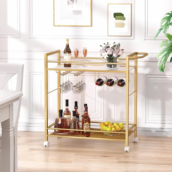 Bar Cart,Home Bar Serving Cart with Storage Shelves, 2 Tier Rolling Beverage Cart with Wheels, Modern Wine Cart with Wine Rack and Glass Holder for Kitchen, Living Room,Dinning Room,Gold