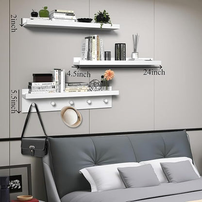 MBYD Picture Shelf Ledge, 24 Inch Floating Shelves for Wall, Nursery Book Shelves with Hooks Set of 3, Floating Shelf Wall Mounted for Bathroom, Kids Room, Living Room, Kitchen Bedroom White