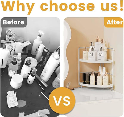 2-Tier Corner Bathroom Countertop Organizer, Tiny Counter Corner Shelf Skincare Makeup Perfume Organizer and Organization for Kitchen (White)