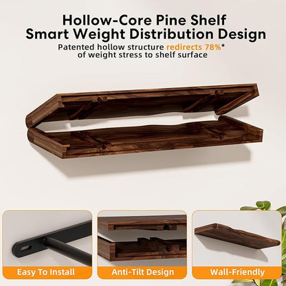 Floating Shelves for Wall Rustic Farmhouse 24 Inch Floating Shelf Bathroom Wooden Shelves for Wall Mounted Live Edge Pine Wall Shelf with Unique Natural Grain for Living Room Bedroom Kitchen (Walnut)