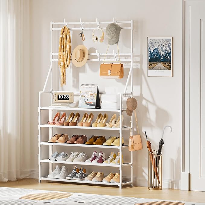 OYREL Shoe Rack 5 Tier Shoe Racks Organizer 20-25 Pairs Shoes Rack for Closet Entrance Shoe Storage Shelf with Hooks and Side Pocket Entryway Shoe Holder Space Saving Free Standing Shoe Racks