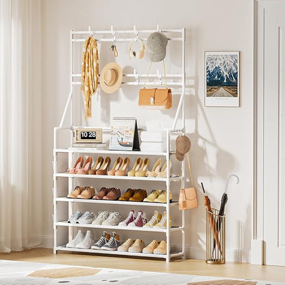 OYREL Shoe Rack 5 Tier Shoe Racks Organizer 20-25 Pairs Shoes Rack for Closet Entrance Shoe Storage Shelf with Hooks and Side Pocket Entryway Shoe Holder Space Saving Free Standing Shoe Racks