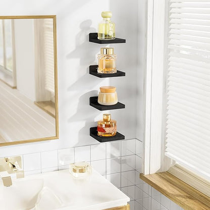 SRIWATANA Small Floating Shelves Wall Mounted, Wood Shelf for Decoration and Storage Set of 4, Mini Display Shelf for Bedroom, Bathroom, Kitchen, Office (Black, 5 inch)