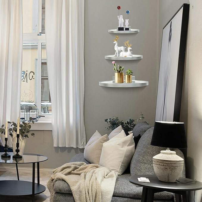 Cityelf Floating Shelves Wall Mounted Wall Decor Iron Glass Hanging Shelf Home Decor Set of 3 Display Ledge Shelves for Living Room Bedroom Office-Silver