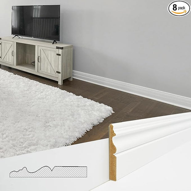 Art3d 8 Pack, 8 ft Each (64 ft Total) MDF Baseboard Wall Molding Trim, Skirting Board Panels, 4.17 in. High, Paintable, Warp-Resistant, Easy Installation for Living Room, Bedroom and Office (White)