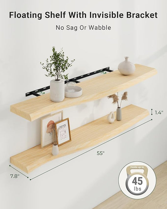 Axeman 55" Solid Wood Floating Shelves for Wall Decor, USA-Sourced Rustic Ash Wood Live Edge Shelf with Upgraded Heavy Invisible Bracket, Wall Mounted Shelf for Kitchen Bathroom Living Room, Natural