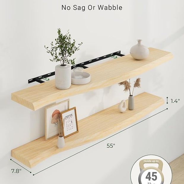 Axeman 55" Solid Wood Floating Shelves for Wall Decor, USA-Sourced Rustic Ash Wood Live Edge Shelf with Upgraded Heavy Invisible Bracket, Wall Mounted Shelf for Kitchen Bathroom Living Room, Natural