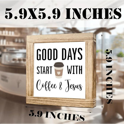 Coffee Sign Decor for Coffees Bar Good Days Start with Coffee & Jesus Wood Farmhouse Wall Sign Inspirational Cafe Bar Decor for Kitchen Home Office Ideal Gift To Christian Coffees Lover 5.9x5.9 Inch
