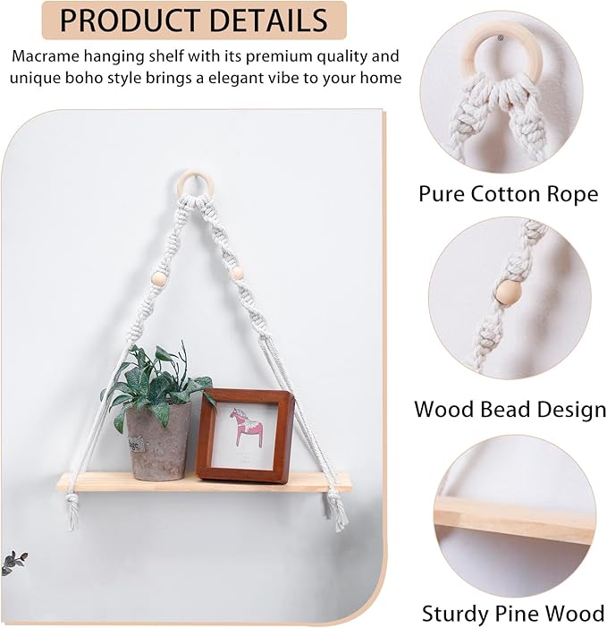 Artilady Macrame Wall Hanging Shelf - Boho Wood Wall Shelves with Wood Beads, Farmhouse Floating Shelf Rustic Hanging Plant Shelf for Bedroom Living Room Preppy Room Nursery Decor